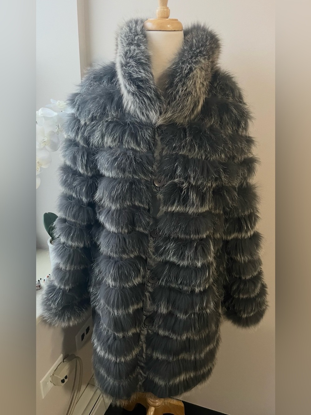 Linda Richards Luxury Reversible Puffer & Blue Fox Fur Coat Sz L Large